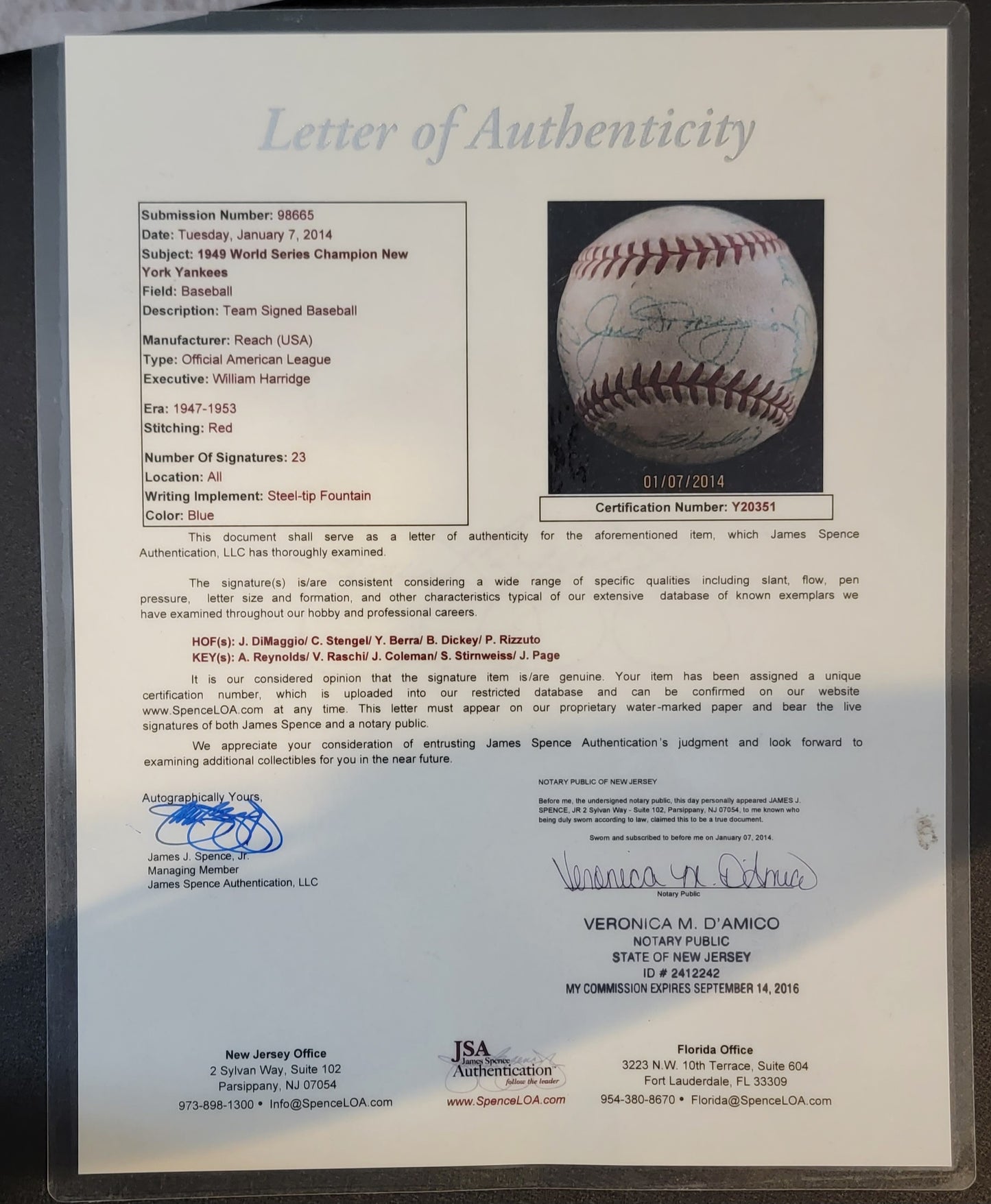 1949 new york yankees world series champions signed baseball JSA certified letter of authenticity 1800x2187 certified baseball collectibles mlb memorabilia