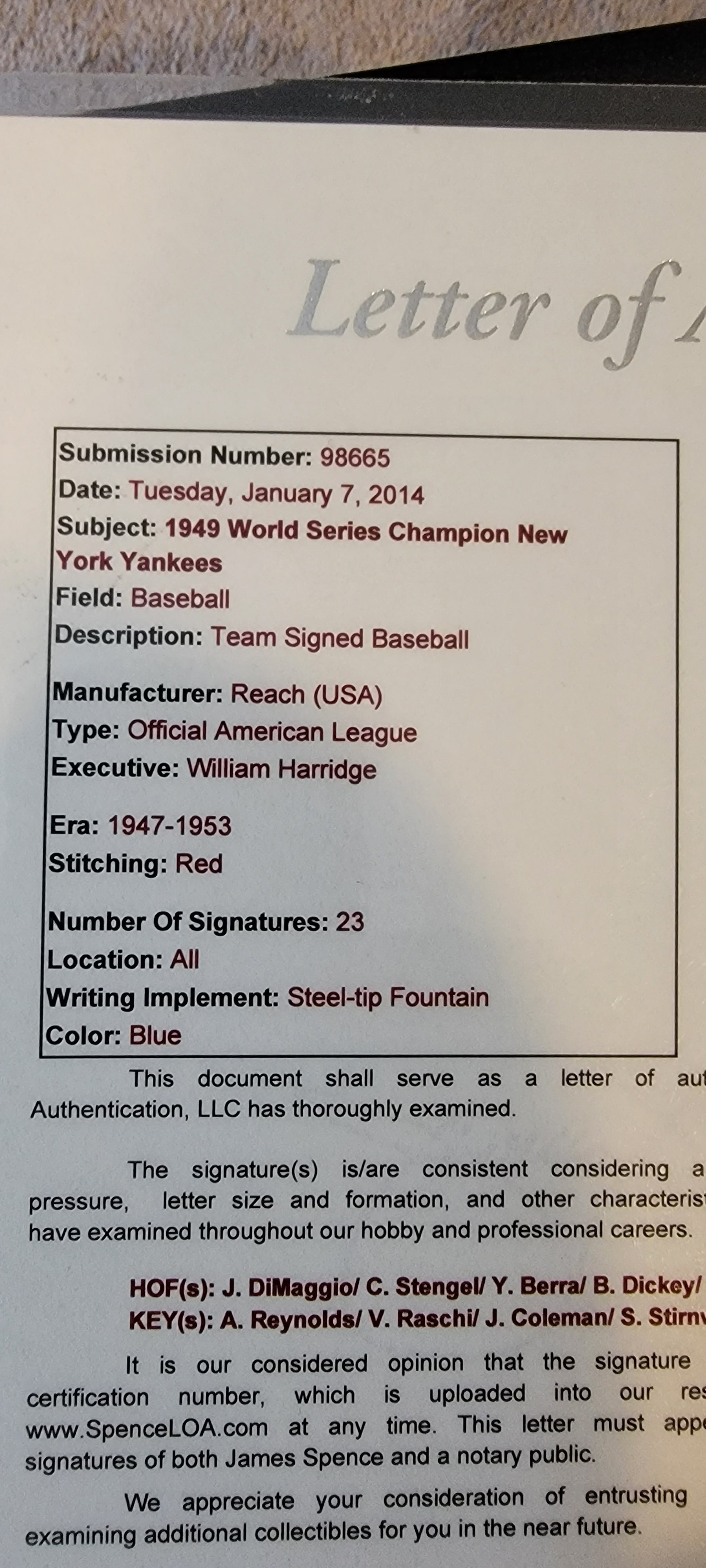1949 new york yankees world series champions signed baseball JSA certified  letter of authenticity 1800x2187