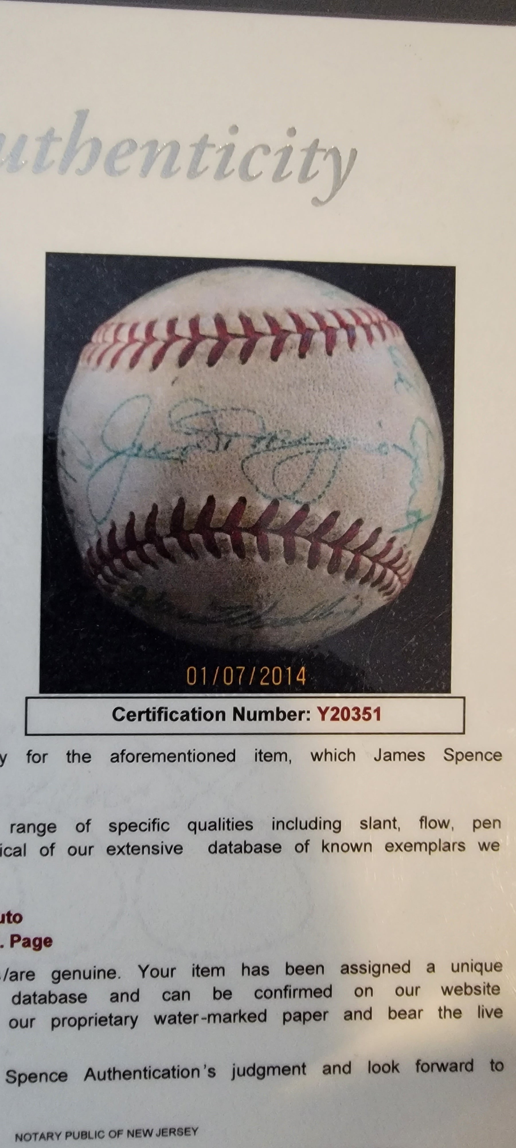 1949 new york yankees world series champions signed baseball JSA certified  letter of authenticity 1800x2187